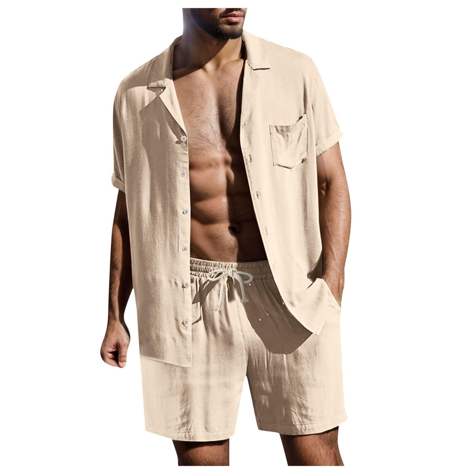 Generisch Leinen Set Herren Sommer Kurz Baumwolle Zweiteiler Leinenhemd und Shorts Freizeitanzug Einfarbig 2 Teiliges Kurzarm Button-Up Revers Hemd und Kurze Hose Leinen Anzug für Strand Urlaub