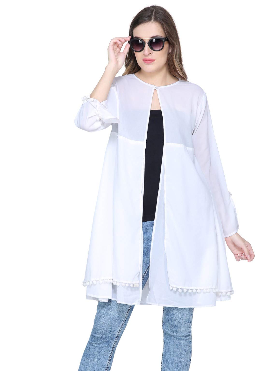 InTrend ForeverGeorgette Layered Shrug Long Jacket with Pom Pom Lace Fringe for Women Outerwear