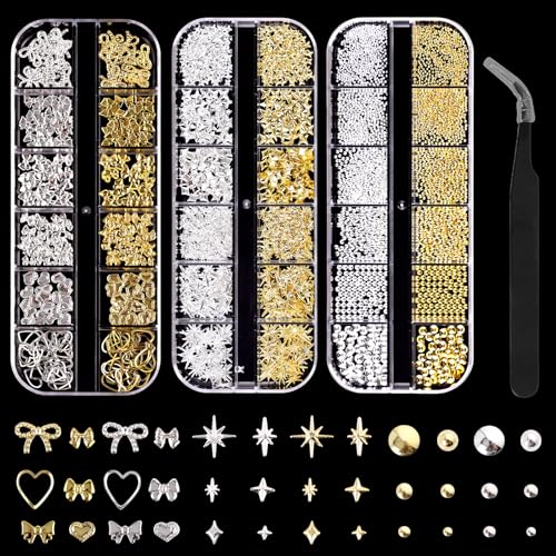 MHwan Strass Ongle Nail Art, 3 Boîtes, 36 Deco Ongle Nail Art (avec Pince à Épiler), Or et Argent, Comprenant Nœuds, Cœurs, Étoiles, Perles en Acier,...