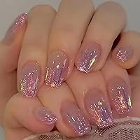 Vista 27 de 24 uñas postizas cortas a presión, color rosa RTKHFZE con diseño de mariposa blanca y diamantes de imitación, uñas postizas cuadradas de cobertura