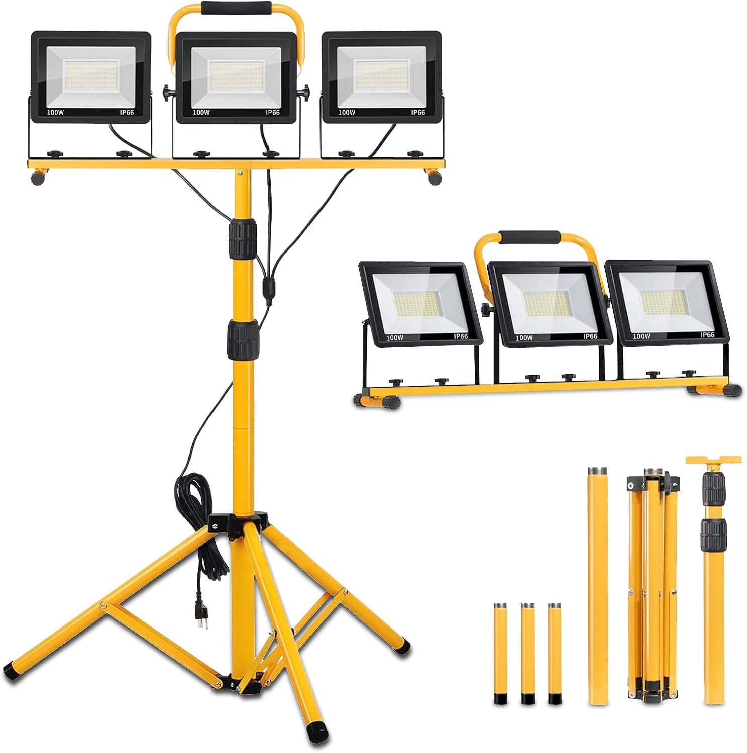 3 Head LED Work Light with Stand, 21000LM Super Bright Tripod Light, 59 Inches High with Up and Down Adjustment & Waterpoor Portable 100W Work Light On Stand for Outdoor Emergency