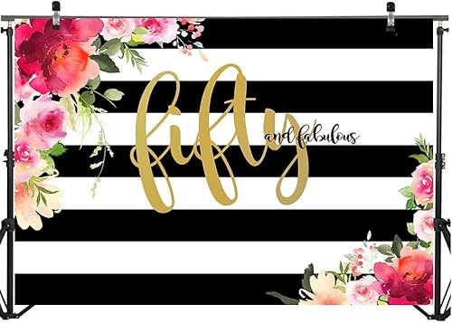 Telón de fondo de 50 años con diseño de rayas de flores, fondo de fotografía de cumpleaños 50 para mujer, cartel de fondo para fiesta de cumpleaños