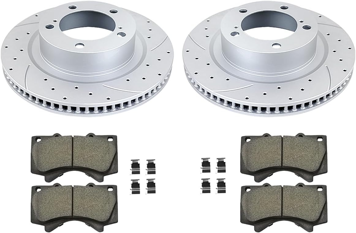 Front (13.89 inch) Brake Kit Drilled and Slotted Brake Rotors Ceramic Brakes Pads for 2007-2021 Toyota Tundra 2008-2022 Sequoia 2016-2021 Land Cruiser 2016-2021 Lexus LX570