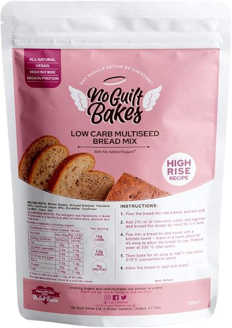 No Guilt Bakes Multiseed Bread Mix  Low Carb, Keto Friendly, Vegan, High Protein, High Fibre & Sugar Free  Great for Sweet or Savoury Recipes  No Added Sugar, Diabetic Friendly 255g Pouch.