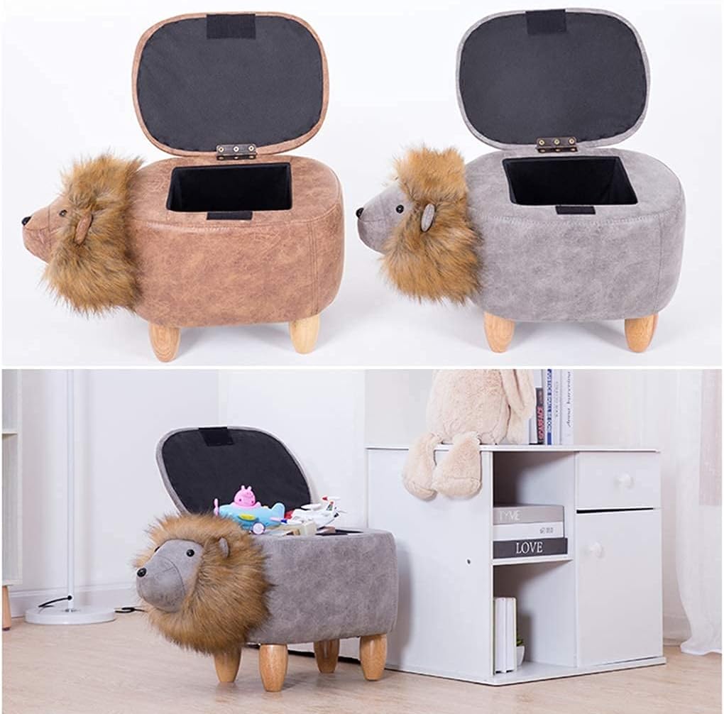 Footstool Shoe Changing Stool Ottoman Footrest with Storage, Wooden Faux Leather Cartoon Lion Footstools for Kids, Multifunction Pouf Ottoman with Wood Legs, for Bedroom, Living Room ( Color : Gray ,