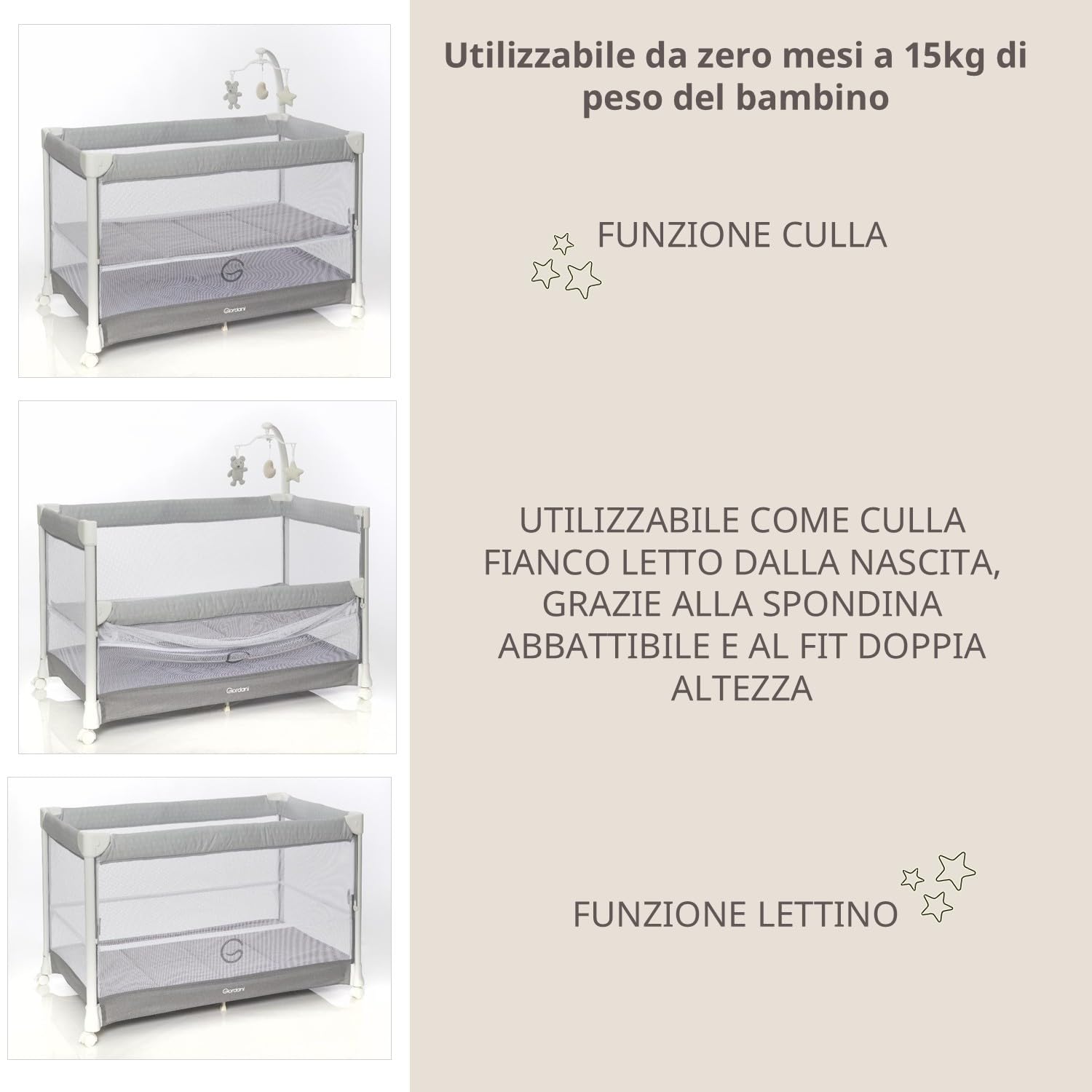 Giordani G3-Matic Lettino da Viaggio e Culla Fianco Letto 0-15kg | Chiusura Automatica Rapida, Spondina Abbassabile e Kit Doppia Altezza | 4 Ruote con Freno, Materasso e Borsa Trasporto Inclusi
