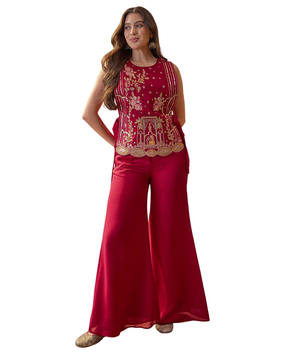shewill Vichitra Zari Sequence Thread Cording Embroidered Shrug With Top and Palazzo Fusion Set|Ethnic Wear-picture-31
