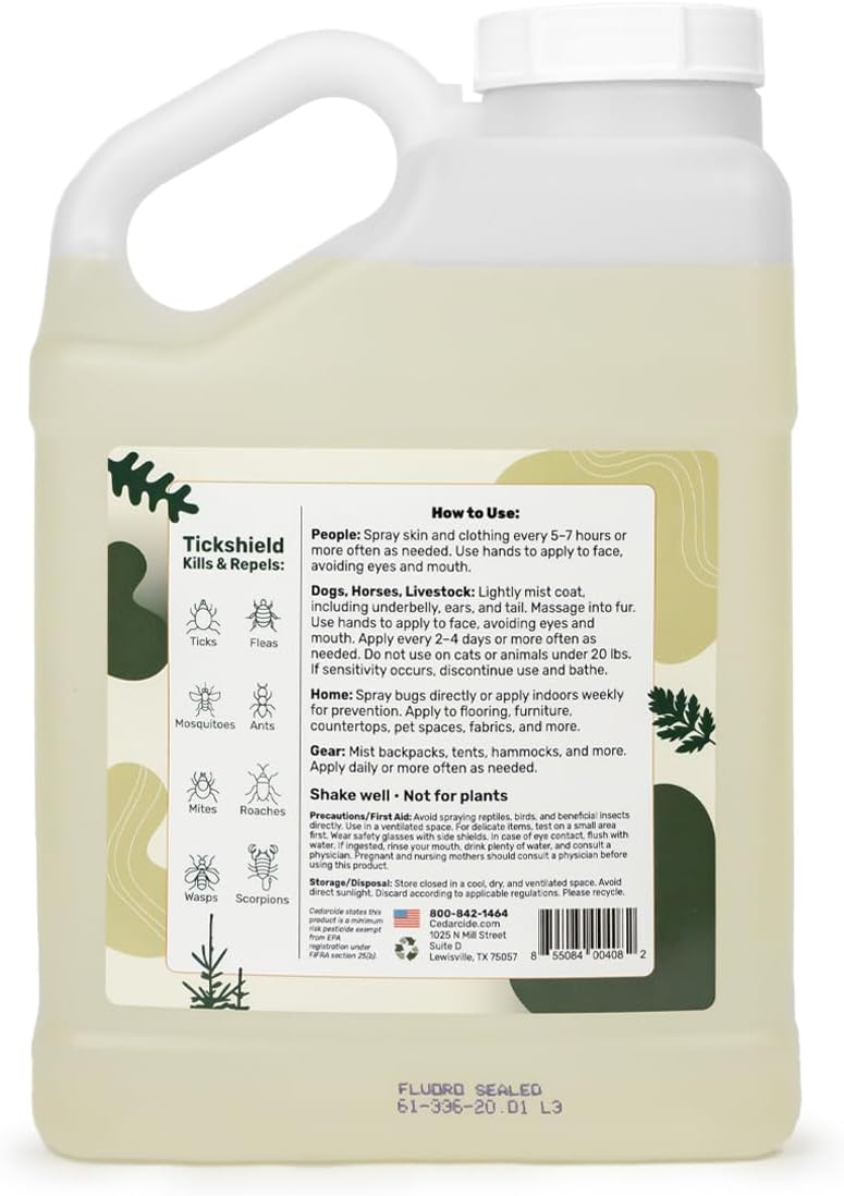 Cedarcide Extra Strength Tickshield | Deep Woods Cedar Oil Tick & Mosquito Repellent Spray for People, Pets, & Indoors | Kills & Repels Fleas, Ticks, Ants, Mites & Mosquitoes | Gallon