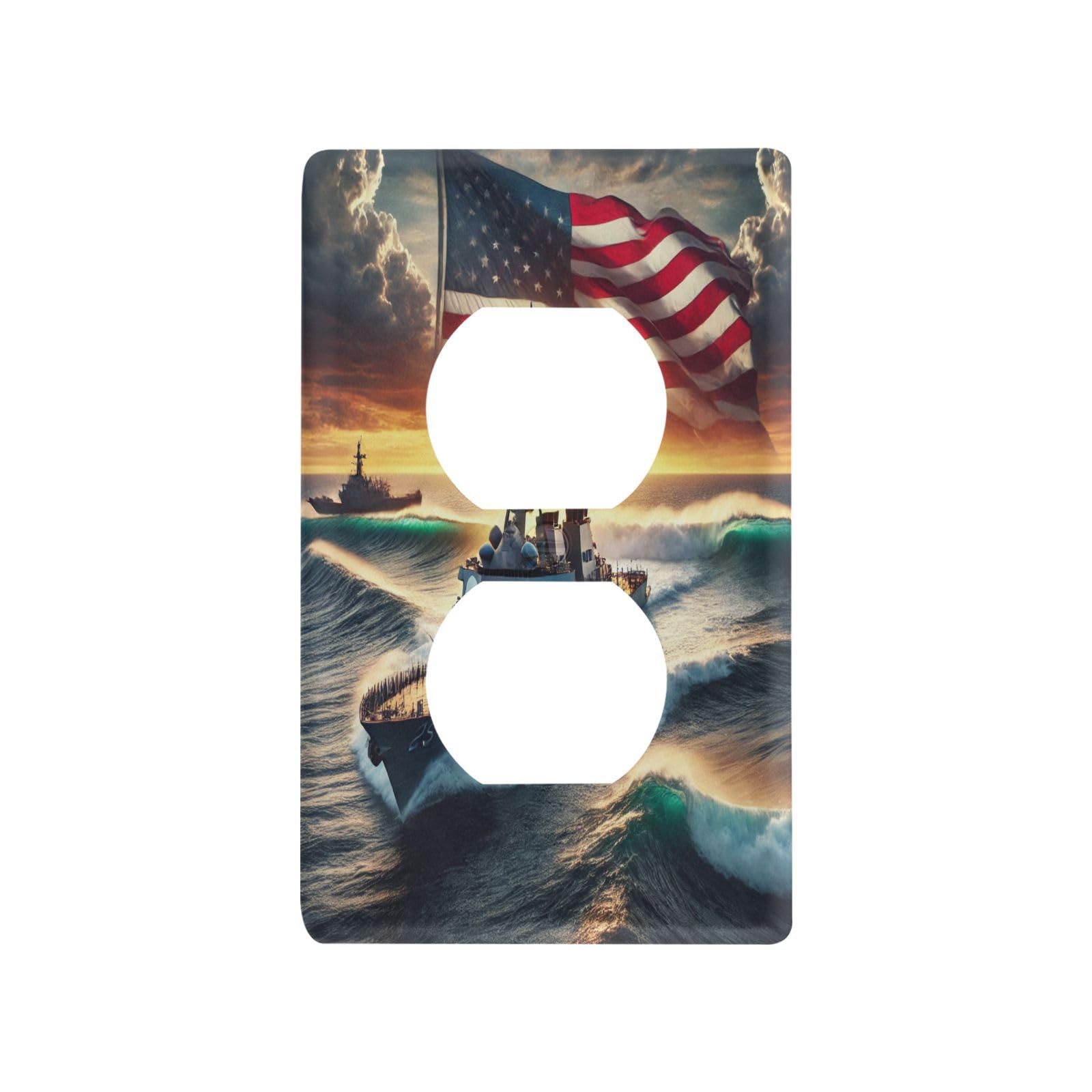Navy Sunset Gold Light Switch Cover Decorative Receptacle Outlet Wall Plate Guard Plastic Outlet Covers for Home Decor Room Office Bathroom (Duplex Outlets Cover)