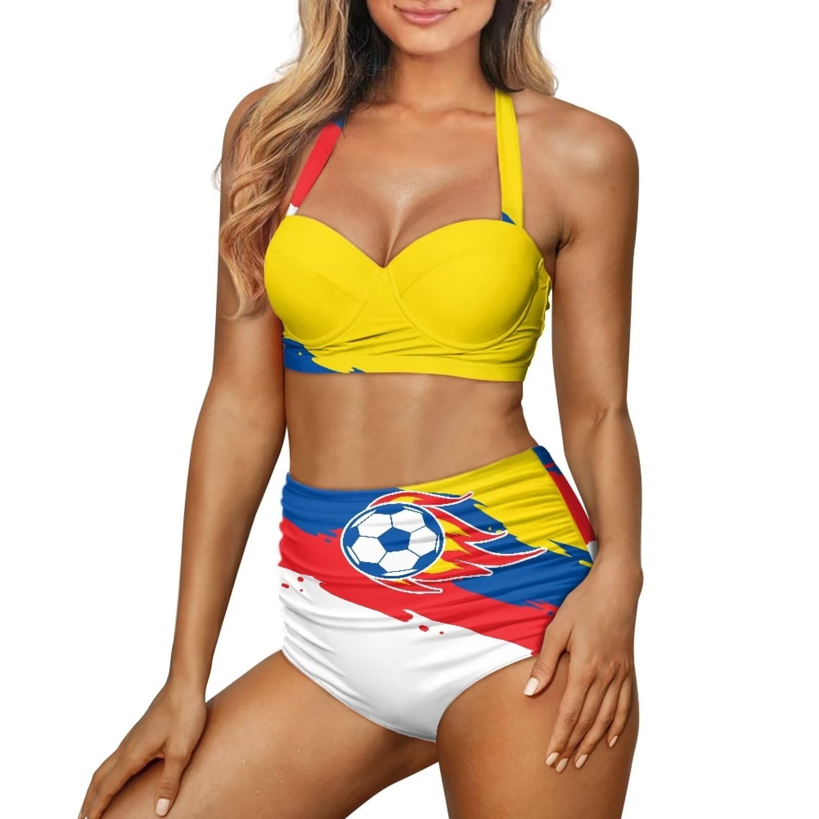 NRBEAWD Women's V Neck Bikini Set Fire Football Swimsuit Two Piece Swimsuit with Adjustable Straps Tummy Control Bathing Suit Swimwear