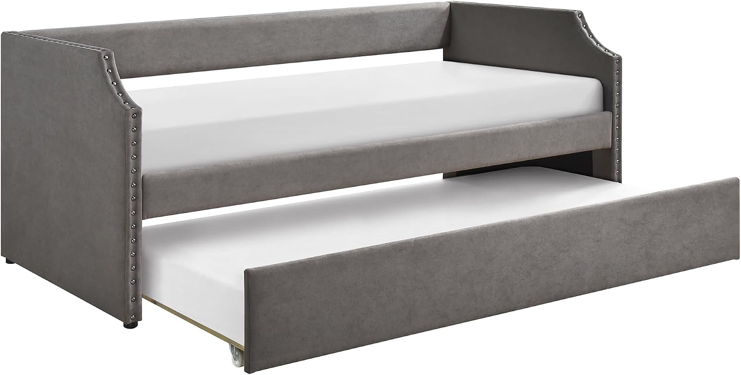 Lexicon Upholstered Daybed with Trundle, Textured Fabric Twin Day Bed Frame with Backrest and Wood Slat Support, Twin Trundle Daybed Sofa Bed for Bedroom Guest Room, No Box Spring Needed, Dark Gray