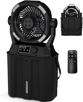 Wilody Portable Misting Fan Rechargeable with Remote Control, 6L Bucket Camping Fan with LED Lights & Stepless Speed Control & Cooling Mist, Portable Handle & Rotate Hook, Timer Function(Jet Black)