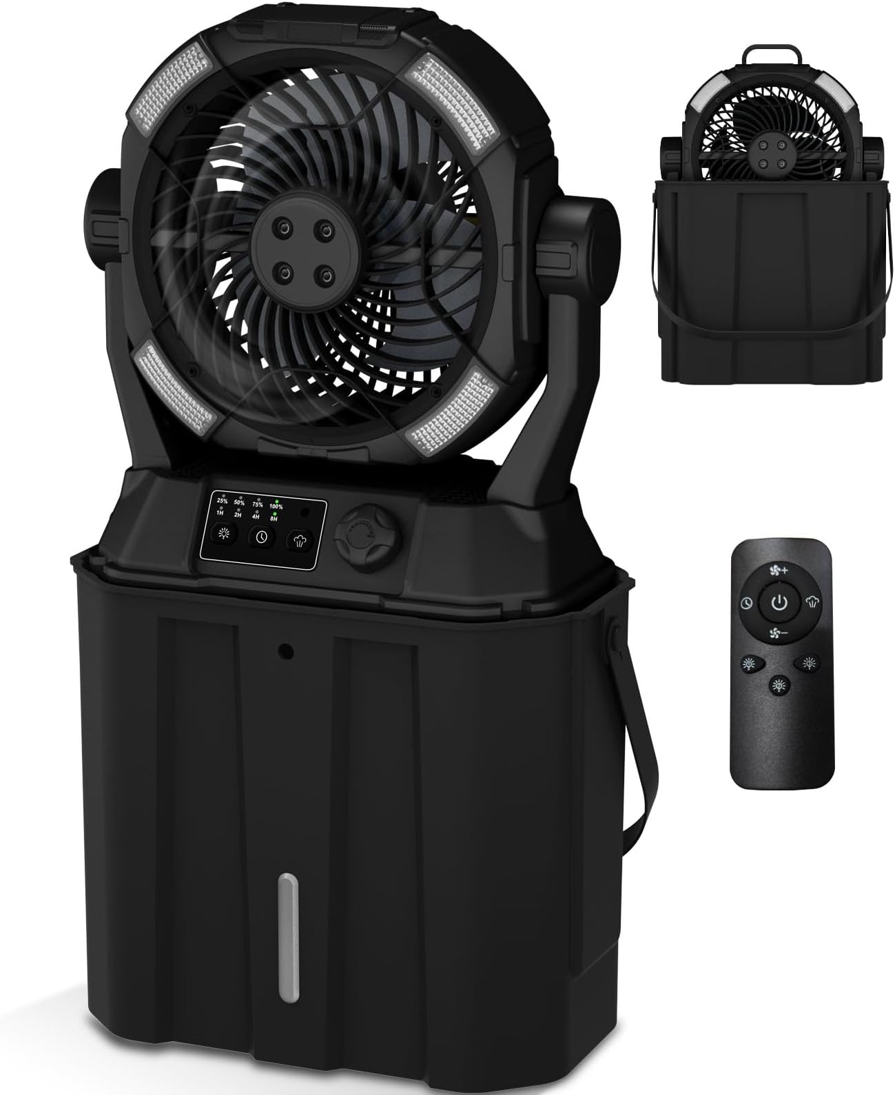 Wilody Portable Misting Fan Rechargeable with Remote Control, 6L Bucket Camping Fan with LED Lights & Stepless Speed Control & Cooling Mist, Portable Handle & Rotate Hook, Timer Function(Jet Black)