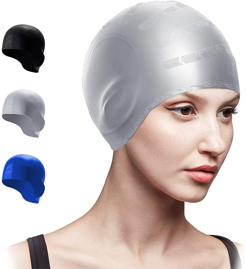 Trevoz Swim Cap Cover Ears Women Silicone Swimming Cap for Long Hair Curly/Braids Hair Unisex Adult Kids Swimming Pool Caps with Nose Clip and Ear Plugs