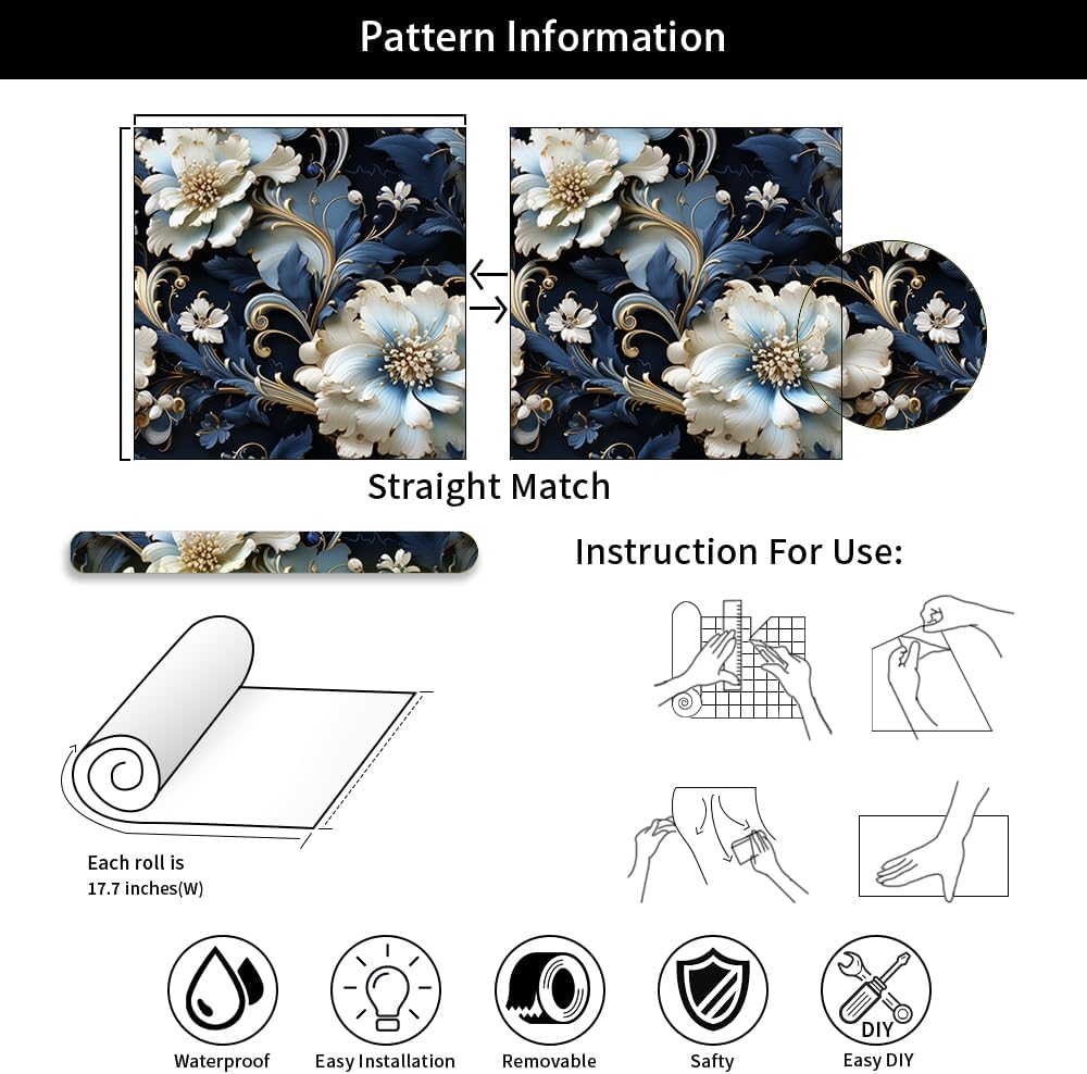 18"x236" Vintage Luxurious Blue White Flower Peel and Stick Self Adhesive Wallpaper Removable Contact Paper Stick on Easy Peel Off Wall Paper for Kitchen Bedroom Bathroom Renter