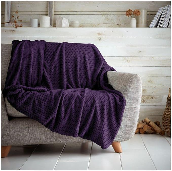 House of QT Throw Blanket Soft Waffle Honeycomb – Cosy Warm Fleece Sofa & Bed Throw, Popcorn Texture Thermal Blanket for Kids & Adults (Purple, Single - 130 X 150)