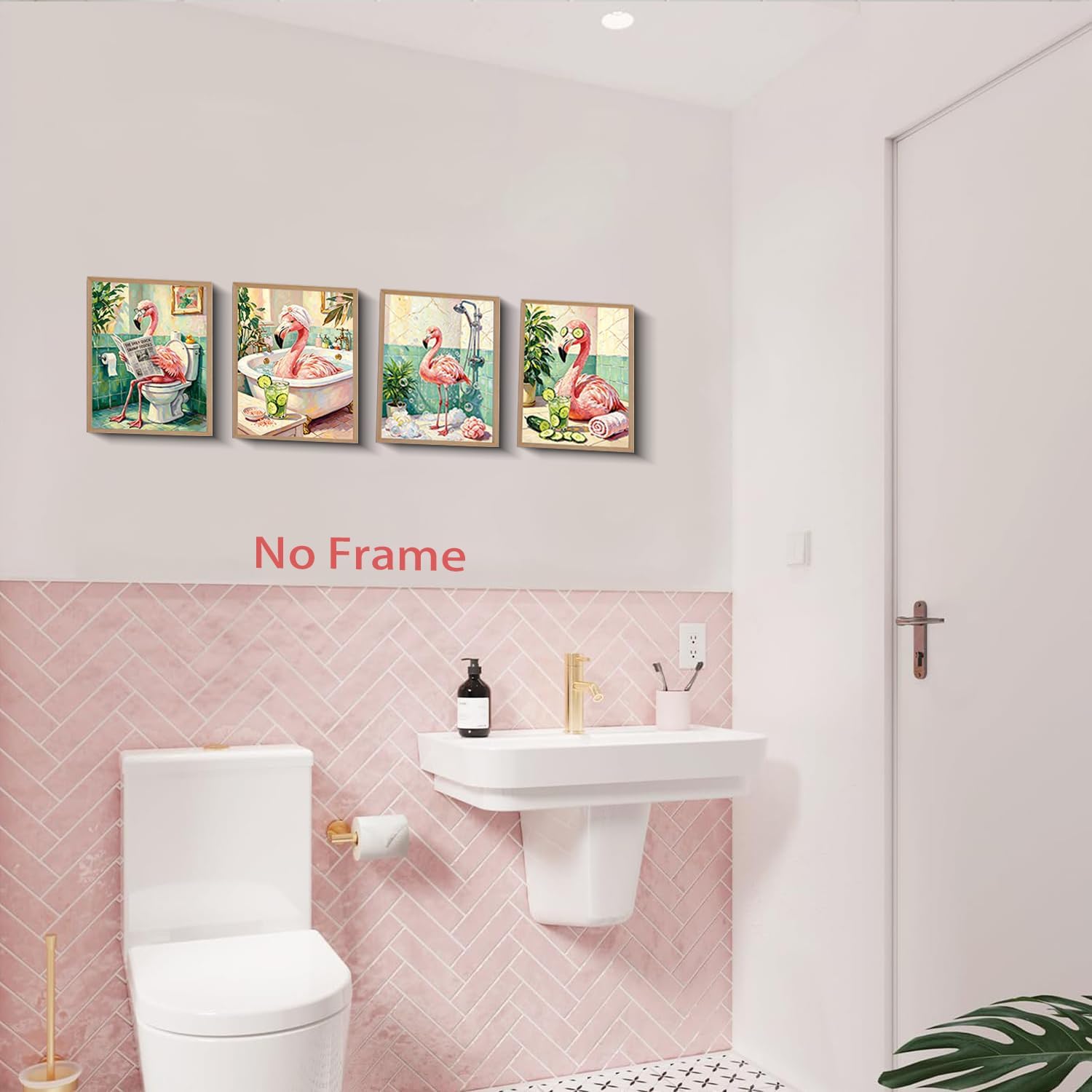 Funny Flamingo Bathroom Wall Art Set of 4 Pink Flamingo Canvas Wall Art image 4