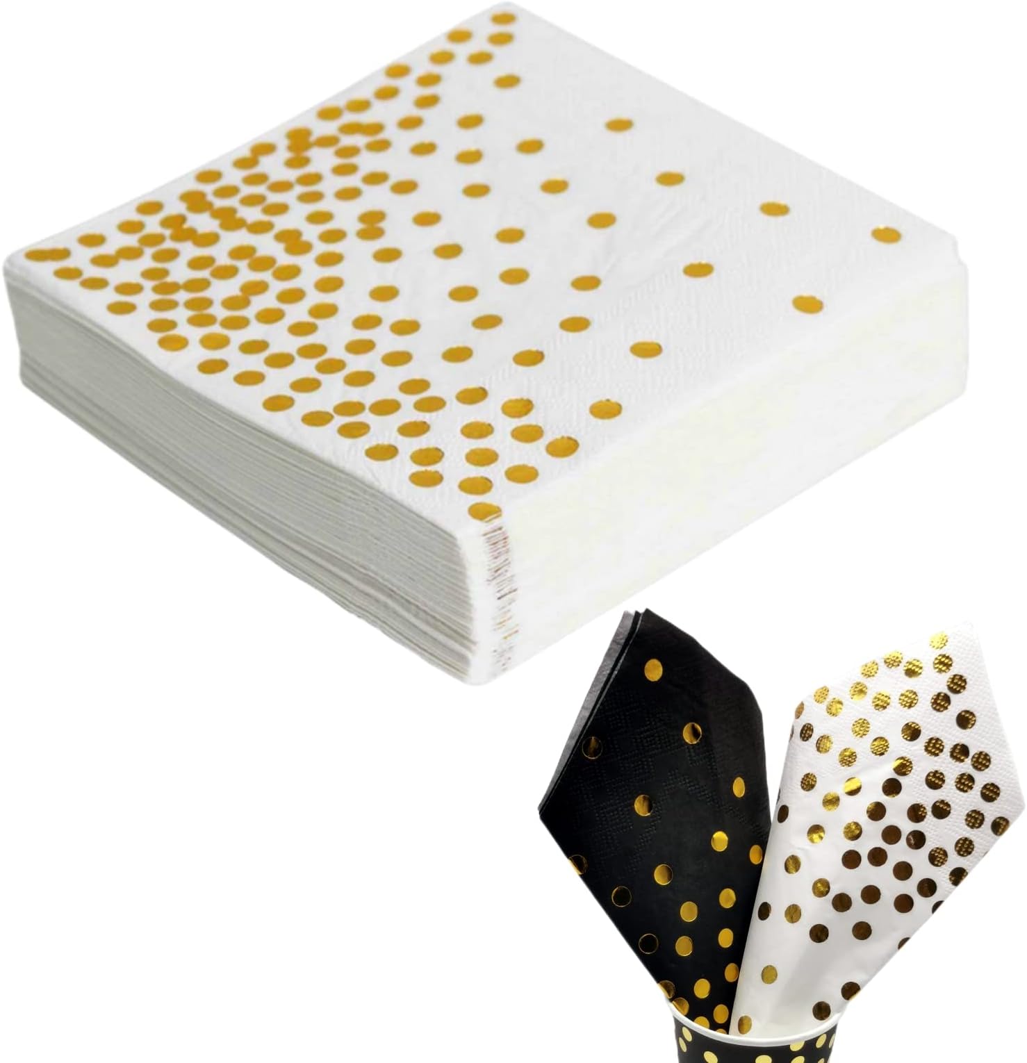 50PCS White & Gold Polka Dot Party Napkins, 33x33CM White with Gold Cocktail & Dinner Serviettes