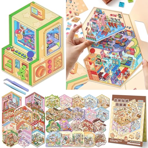 3R TABLET 5 Size 3D Miniature Sticker Scenes Pack with 2 Metal Tweezers, 32 Sets DIY Scene Stickers Therapy for Adults, Ultra Large Foldable with Cover, Big, Medium, Mini Size, Collection Book