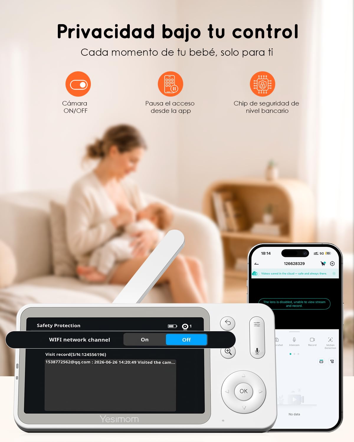5” 2K/3MP Camara Vigilancia Bebe con App Movil, 360° PTZ Vigilabebes Control de Monitor y Movil, Detección de Movimiento, Detección Inteligente de llanto, Visión Nocturna, 4XZoom, VOX | Control por Monitor y App, Detección de Movimiento y Detección Inteli