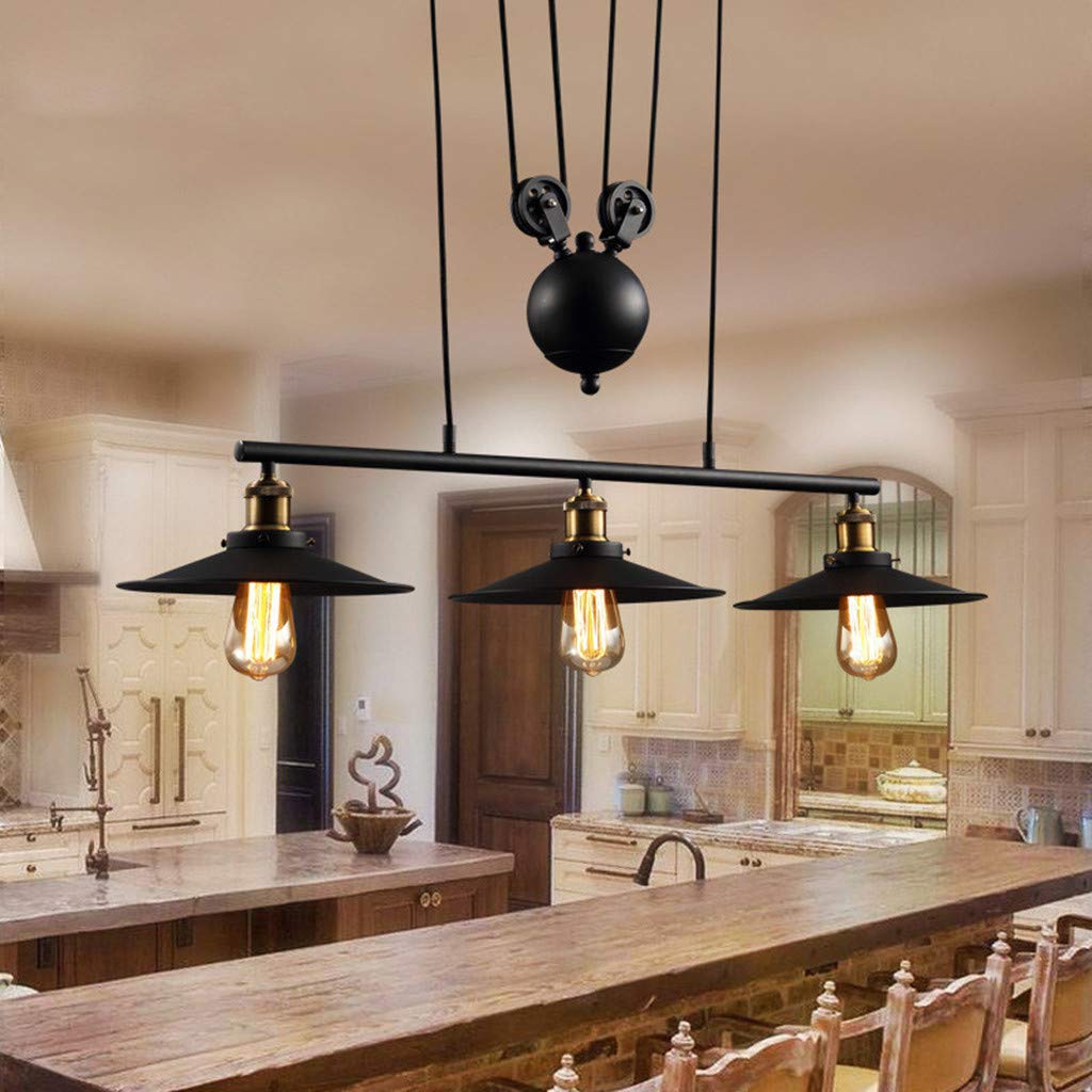 COCOL pendelleuchte vintage 3 flammig Industrie stil, Metall Pulley-Anhänger Loft-Deckenleuchte Pendelleuchte Retro Kronleuchter für Esszimmer/Wohnzimmer/Küche/Café(Schwarz)