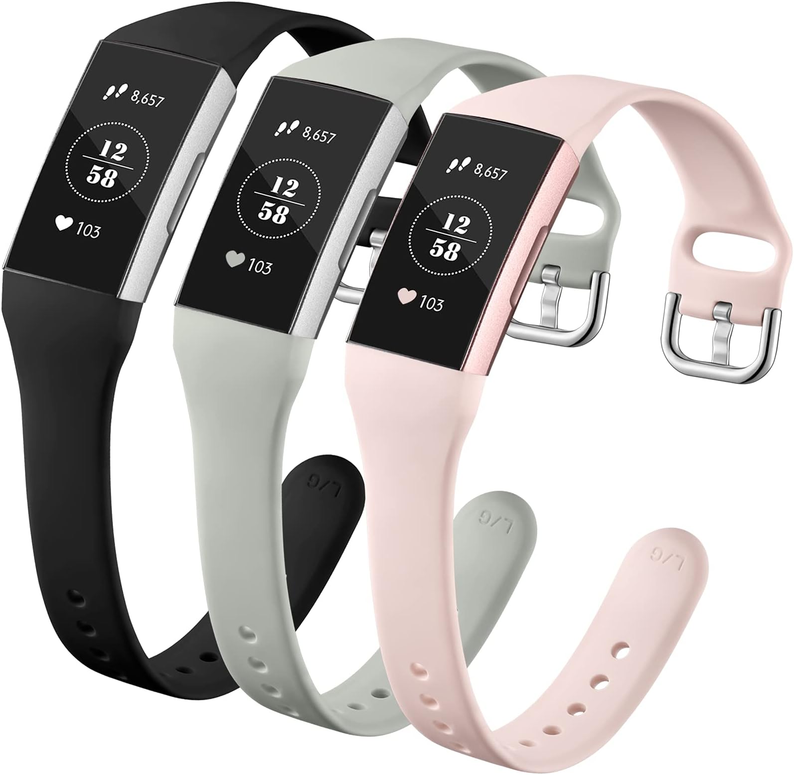 GEAK Compatible with Fitbit Charge 4/3 bands for Women, Slim Soft Silicon Replacement Band Compatible with Fitbit Charge 3/Charge 3 SE Men, Small Black/Gray/Sand Pink