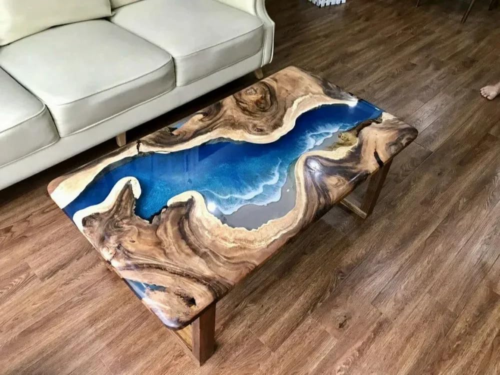 Natural Wood Unique Blue Ocean with Wave Look Resin Epoxy Table Coastal Table Top Dining Table Coffee Table Side/End Table Home Décor (16.5" Inches Tall, 36 x 20 Inches)