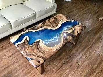 Natural Wood Unique Blue Ocean with Wave Look Resin Epoxy Table Coastal Table Top Dining Table Coffee Table Side/End Table Home Decor 16.5" Inches Tall, 36 x 20 Inches