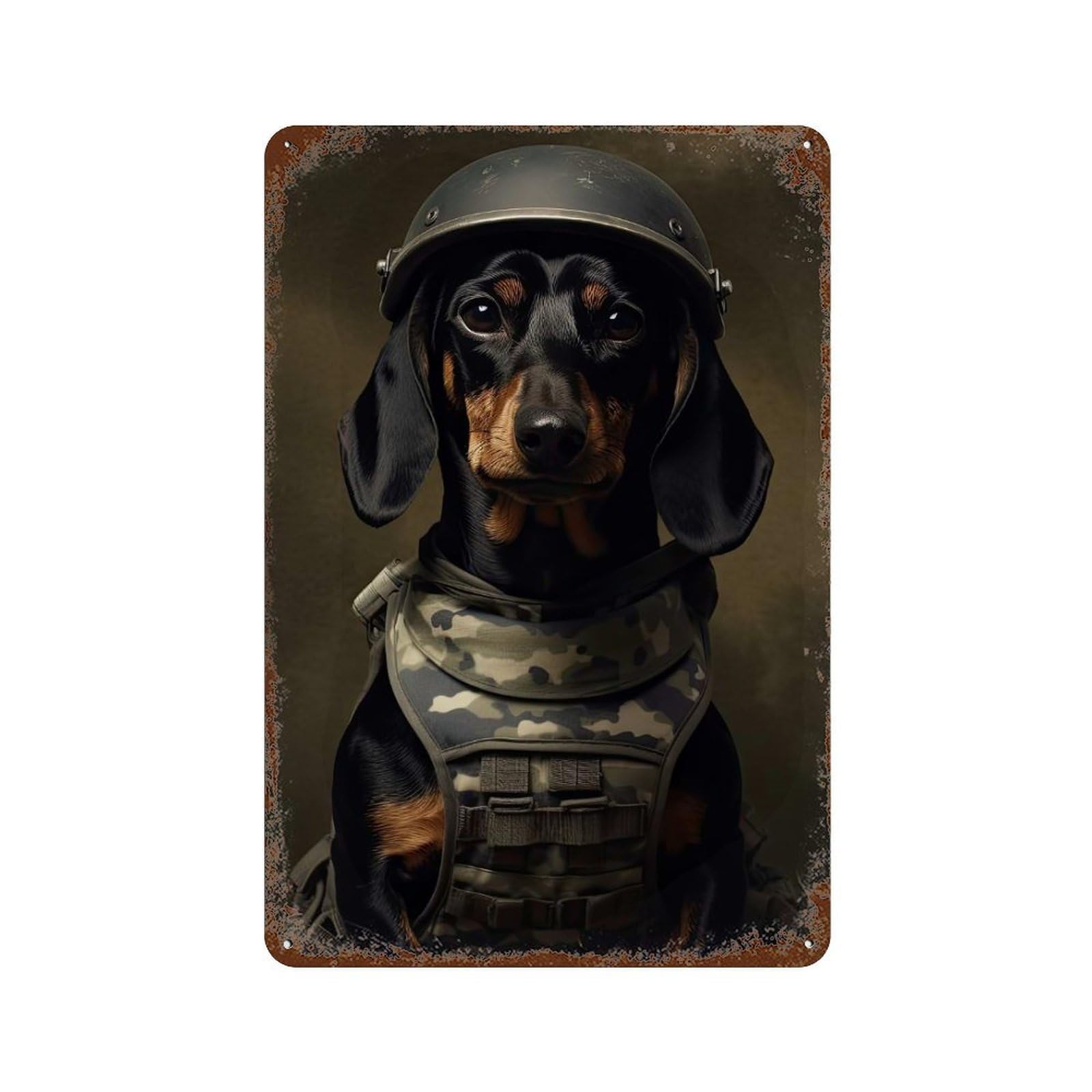 Rust Effect Dachshund Soldier Rusty Metal Tin Sign 11.8"x7.9", Rustic Home Decor for Bistro, Counter And Cafe Decor