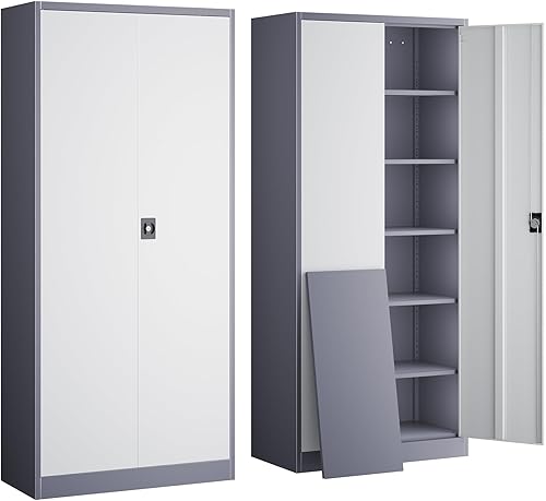 Vista 25 de Yizosh Armario de almacenamiento de metal para garaje con cerradura, gabinete de herramientas de bloqueo de 71 pulgadas con 2 puertas y 5 estantes