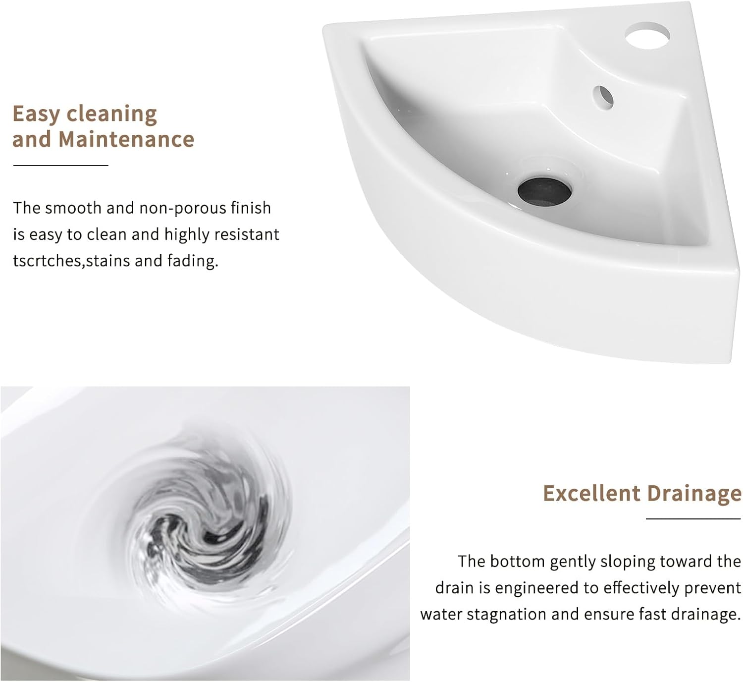 Triangle Corner Sink for Bathroom – Wall Mounted Ceramic Vessel Sink with White Gloss Finish, Space-Saving Design for Small Bathroom, Powder Room (17.13" x 12.60" x 5.12", Faucet Not Included)