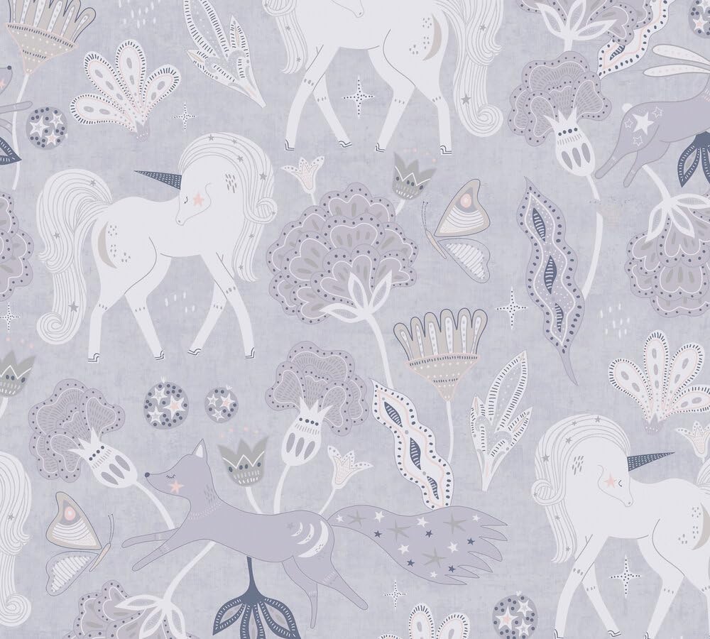 A.S. Création Lilly & Luis papel pintado no tejido con motivo para niños en gris, rosa, blanco – papel pintado unicornios 10,05 x 0,53 m – 771381