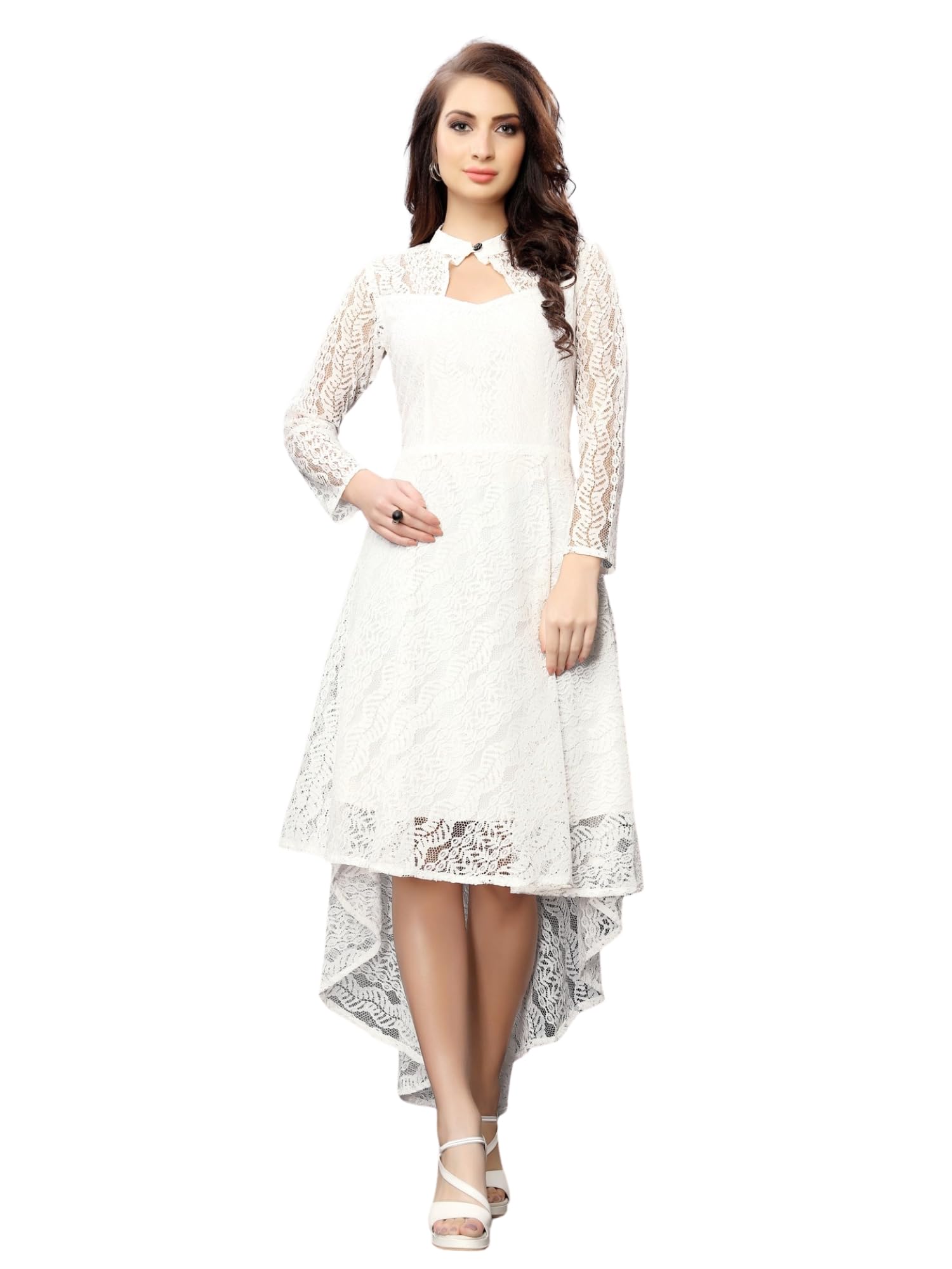 Women Codding Net with Inner High Low Dress, Keyhole Cowl Neck with Full Sleeve-picture-31