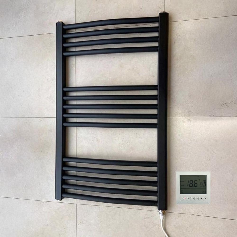 Greened House Matt Black 500W X 800H Black Electric Curved Heated Towel Rail Bathroom Radiator + Timer And Room Thermostat
