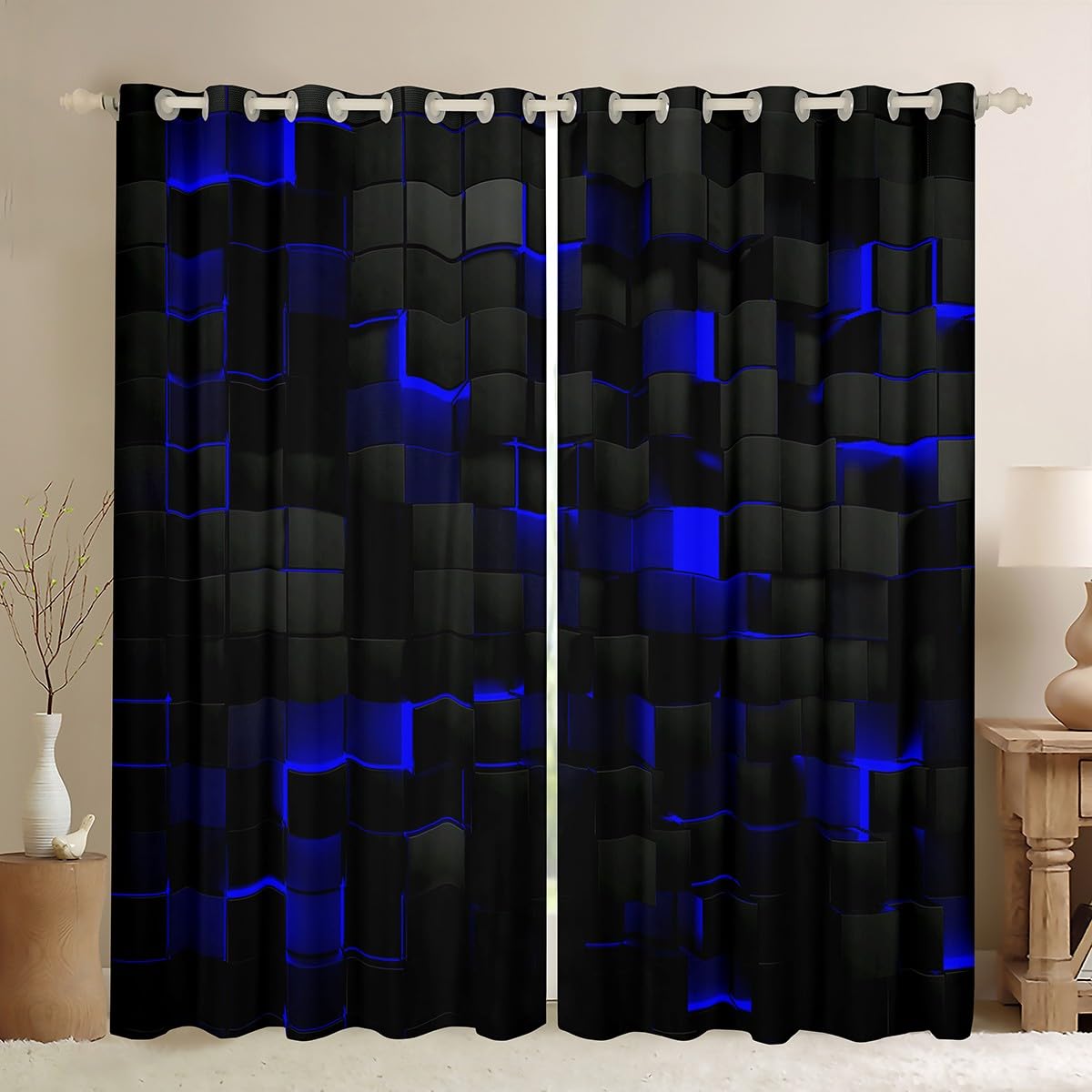 Geometric Blackout Curtains 52x90 Black Navy Royal Blue Window Curtains 2 Panel Sets for Boys Men Bedroom,Neon Abstract Stereoscopic Check Grid Window Treatments Drapes Square Plaid Decor