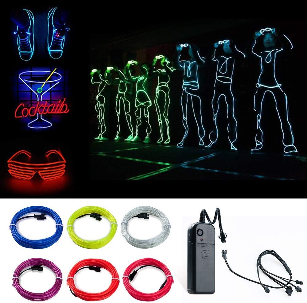 COVVY EL Wire Neon Lights Kit with Portable AA Battery Pack for Burning Man’s Day Halloween Christmas Party Decoration 5*1 Meter Glowing Strobing Flashing Electroluminescent Wire (Purple)