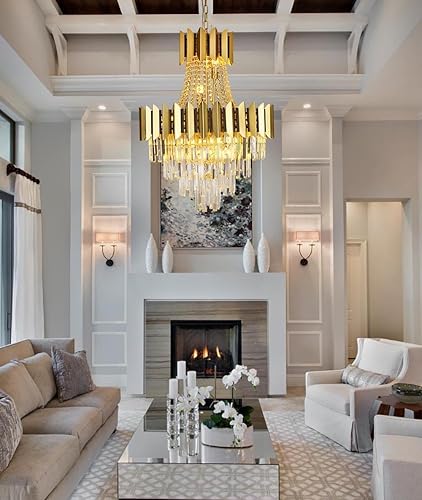 Miniatura 3 de Afficat Candelabro de cristal dorado de lujo, 3 niveles con forma de gota de lluvia K9 para comedor, estilo emperador, lámpara de techo colgante