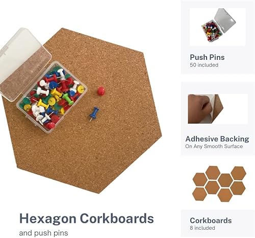 Miniatura 3 de Azulejos hexagonales de corcho autoadhesivos, paquete de 8 tableros de corchos pequeños para pared, tableros de notas de 8 x 7 pulgadas, 35