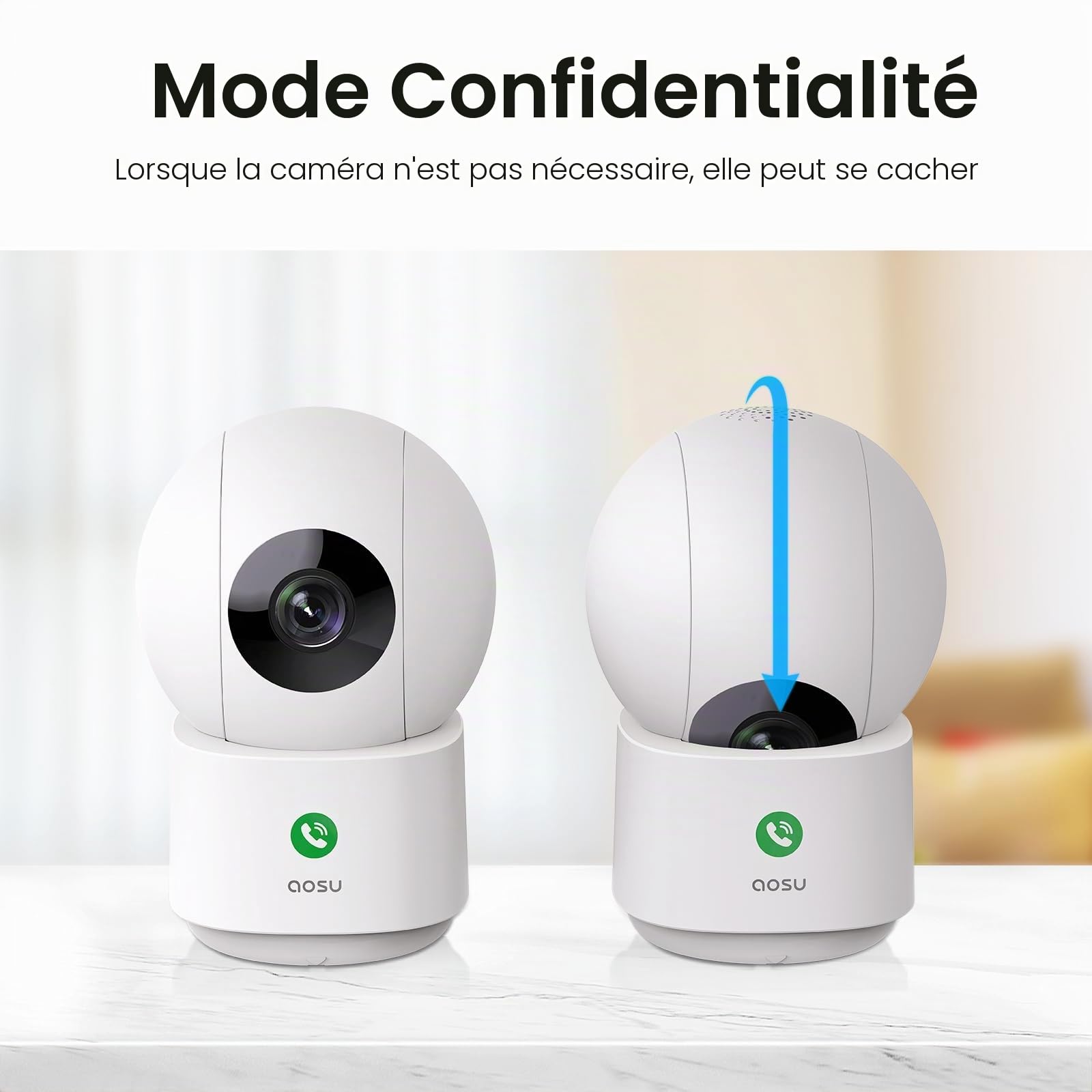 AOSU Lot de 2 caméras de Surveillance d'intérieur 4 MP – Caméra de Surveillance pour bébé 2,5 K à 360° pour la sécurité à Domicile, caméra WiFi avec routeur Wi-FI 5/2,4 GHz, Appel à Une Touche, Suivi