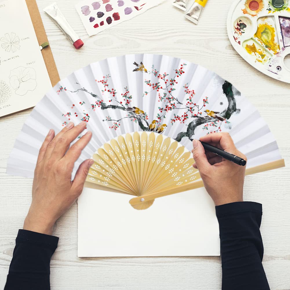 ISAKEN 10 stuks waaiers, wit, opvouwbaar, bamboe, handventilator, papier, opvouwbaar, wit, handvat van bamboe, voor bruiloft, schilderen, kalligrafie, doe-het-zelf, decoratie, doop