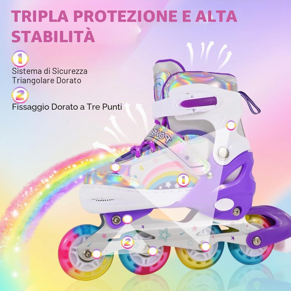 Pattini in linea regolabili per bambini ragazze ragazzi principianti, Pattini a rotelle per bambino e adolescente per lo sport Viola Arcobaleno