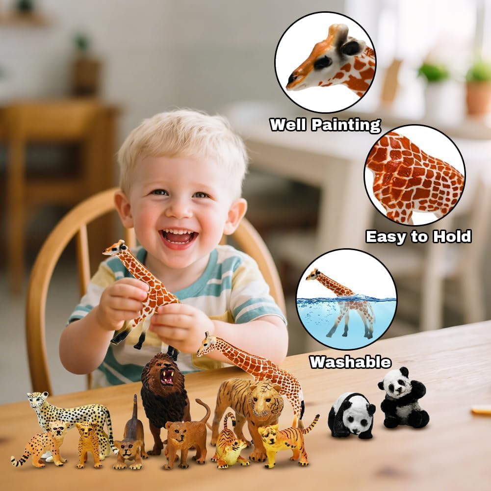 Kimicare 20PCS Safari Animals Figures Toys, Realistic Plastic Animals Figurines, African Zoo Wild Jungle Animals Playset with Elephant Giraffe Lion Tiger, Birthday Gifts for Kids Boys Girls