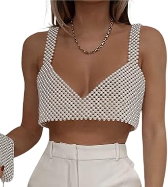 Fabumily Womens Sexy Pearls Beaded Tank Top Body Chain Bra Camisole Vest Solid Crop Top Party Clubwear Beachwear