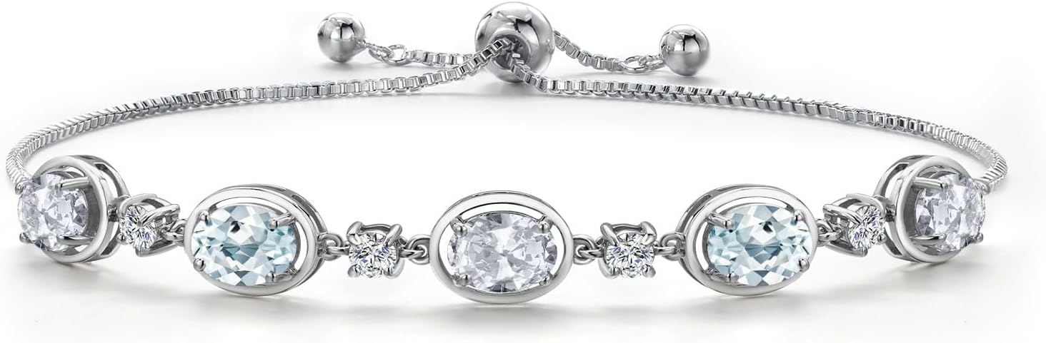 Gem Stone King 925 Sterling Silver White Topaz and Sky Blue Aquamarine Bracelet For Women | 4.50 Cttw | Gemstone November Birthstone | Oval 7X5MM | Fully Adjustable 9 Inch