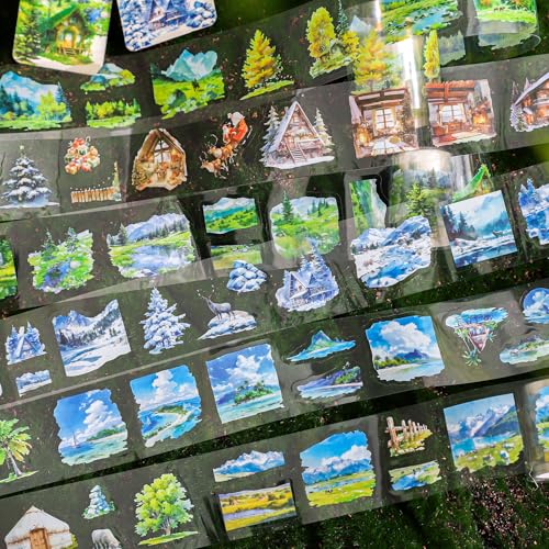 Alideco 6個 マスキングテープ かわいいロレトロ木と山のある風景 透明な耐水性 インク PET 粘着 テープ 広幅 DIY おしゃれ マステ シール (wuyinlvtu)