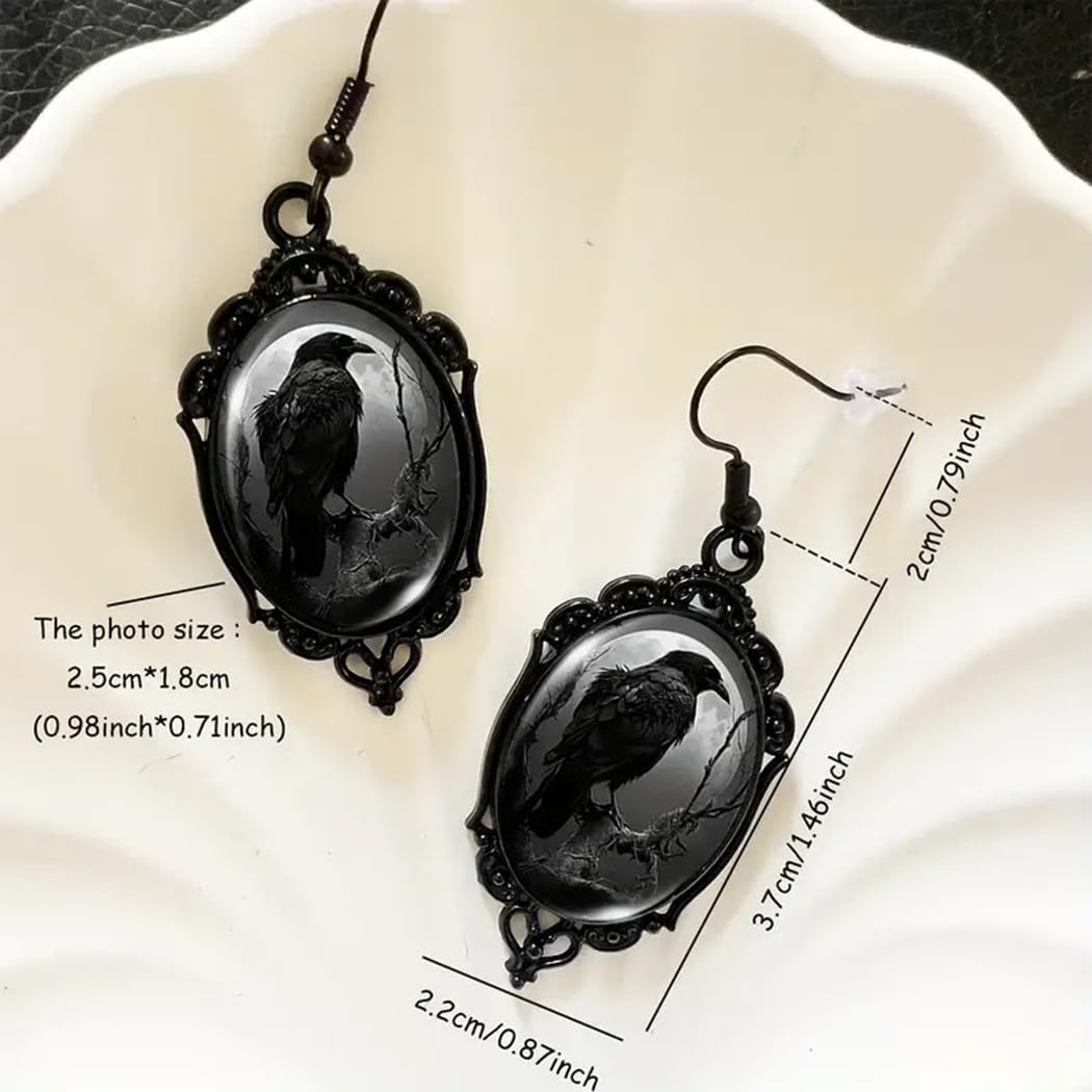 Gothic Crow Glass Dangle Drop Earrings for Women Vintage Halloween Crow Emboss Earrings Punk Halloween Earrings Vampire Earrings Mystic Witch Jewelry Gift Accessories - Image 4