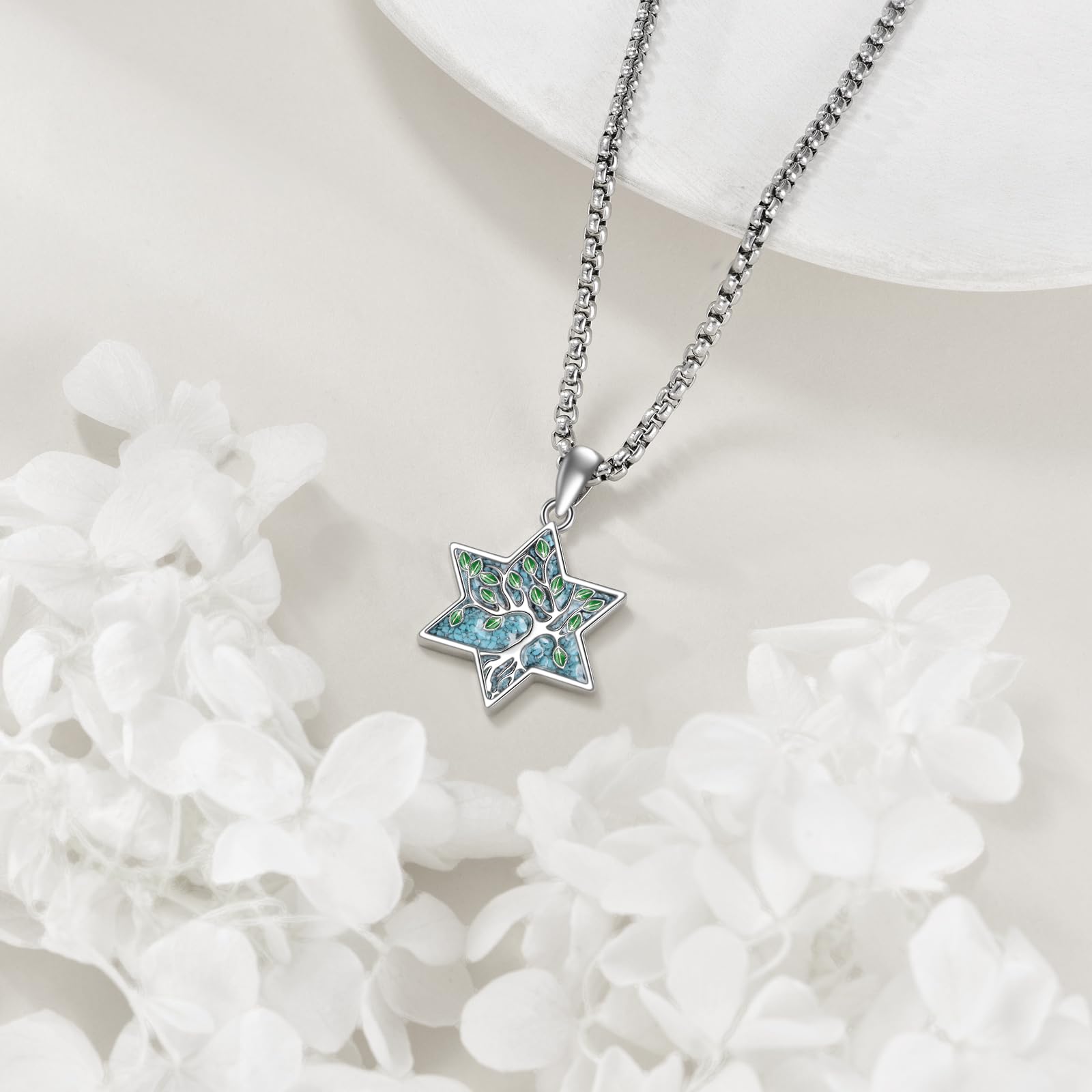 YAFEINI Collana con albero della vita, in argento Sterling 925, con ciondolo a forma di stella di David turchese, per uomo e donna