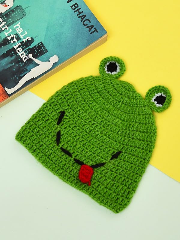 Image of Handmade Knitted Self Design Woolen Beanie Cap for Kids - White & Red 6-12 M | Winter Cap for Baby | FUNCAP56-6-12 M