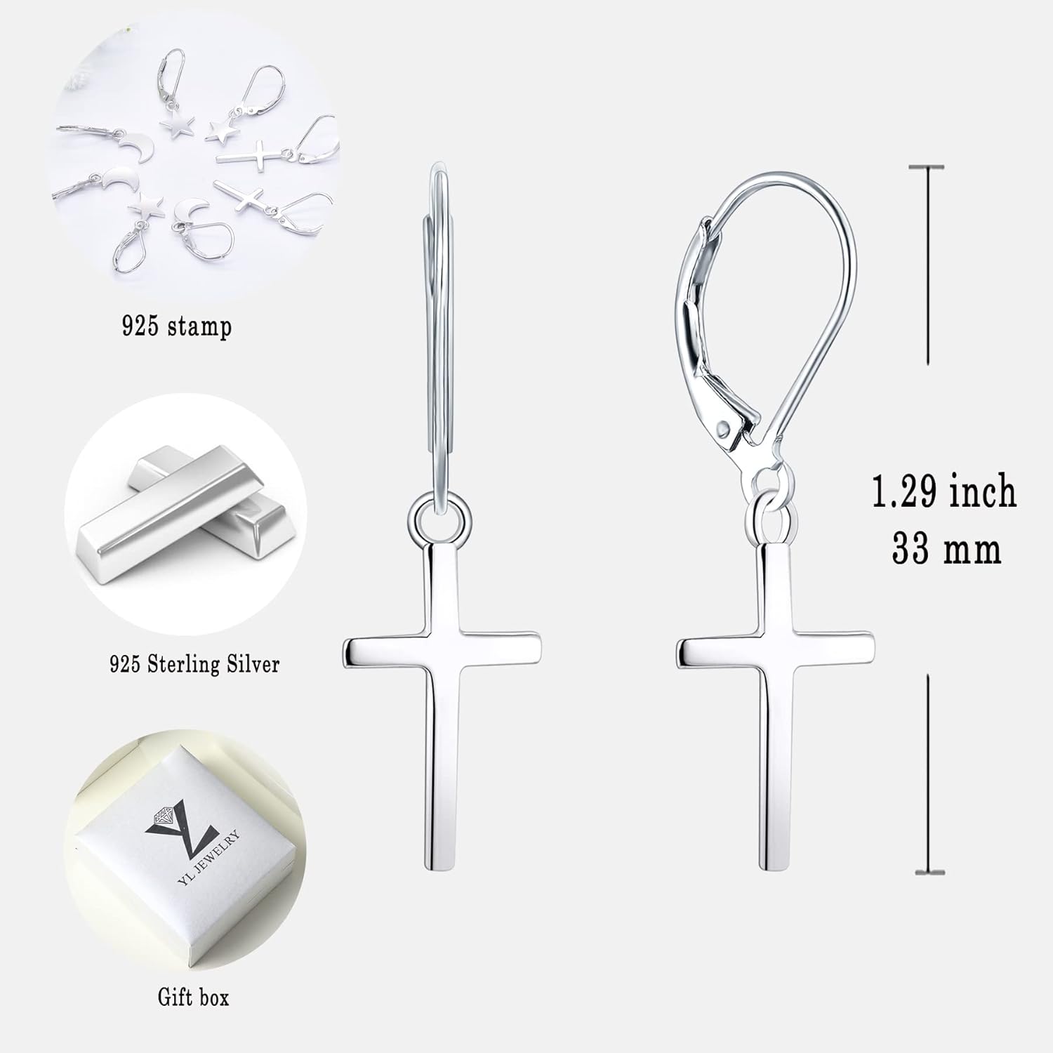 YL Cross Stars Dangle Earrings for Women, 925 Solid Sterling Silver 18K White Gold Plated Moon Ankh Nails Hanging Jewelry Gifts - Image 6