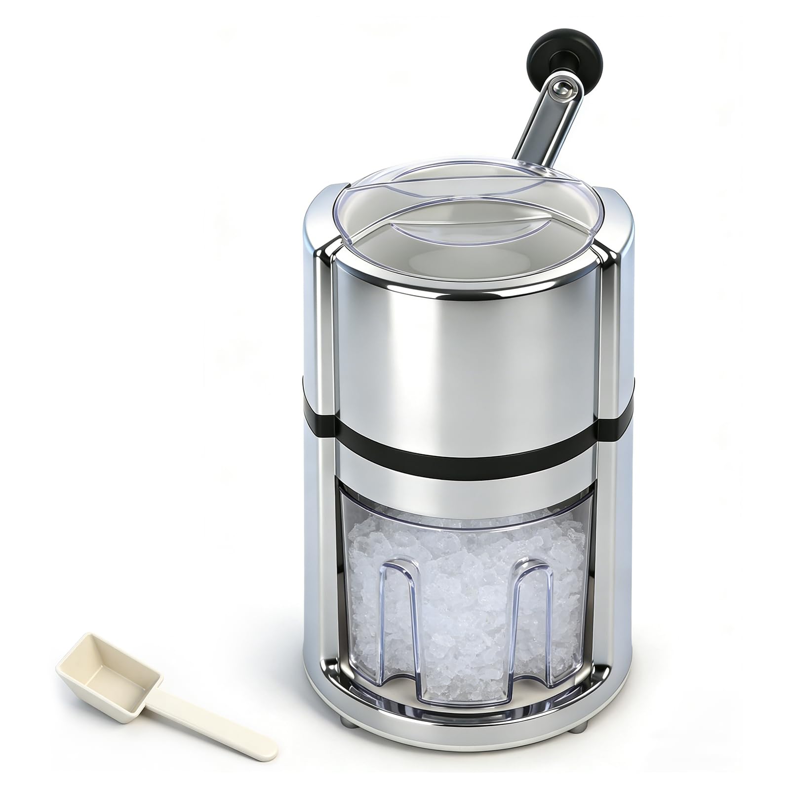 Broyeur à glace manuel en acier inoxydable 1,1 l avec manivelle, broyeur à glace manuel en acier inoxydable avec bac de récupération, pieds antidérapants, pour cocktails, smoothies et boissons froides